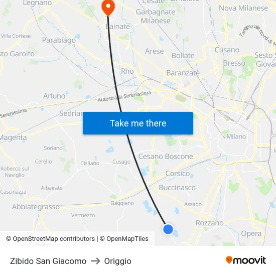 Zibido San Giacomo to Origgio map