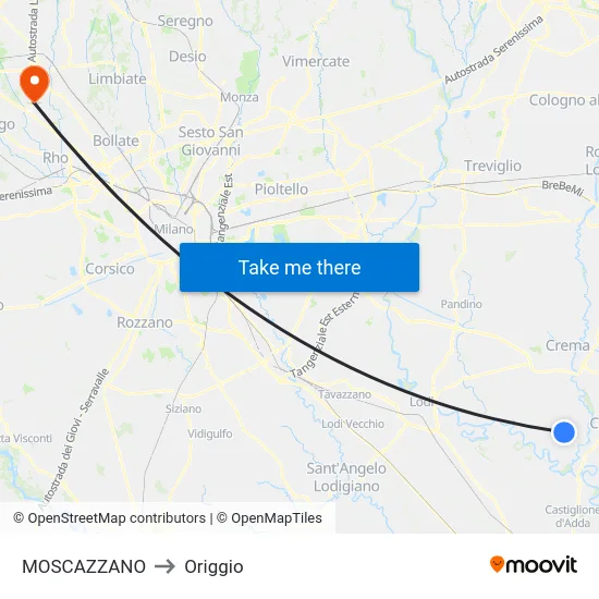 Moscazzano to Origgio map
