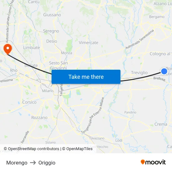 Morengo to Origgio map