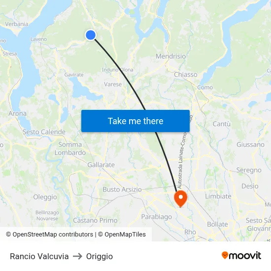 Rancio Valcuvia to Origgio map