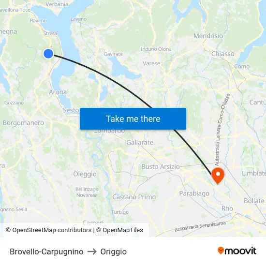 Brovello-Carpugnino to Origgio map
