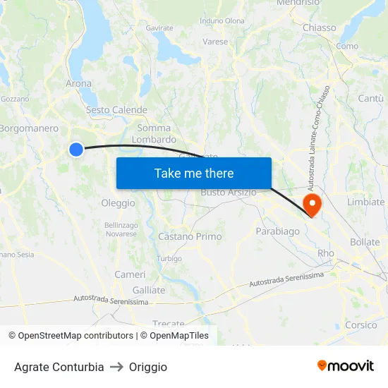 Agrate Conturbia to Origgio map