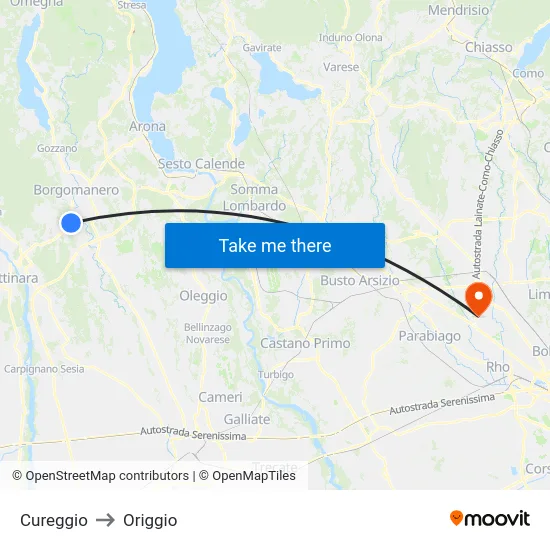 Cureggio to Origgio map