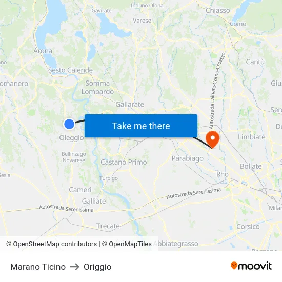 Marano Ticino to Origgio map