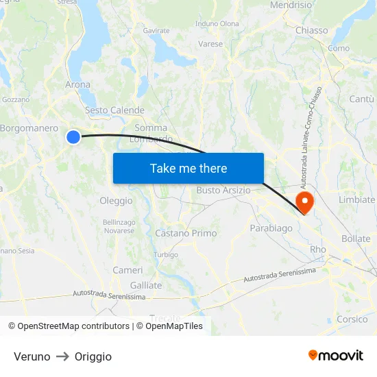 Veruno to Origgio map