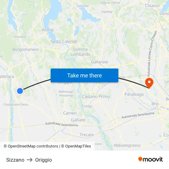 Sizzano to Origgio map