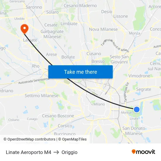 Linate Airport M4 to Origgio map