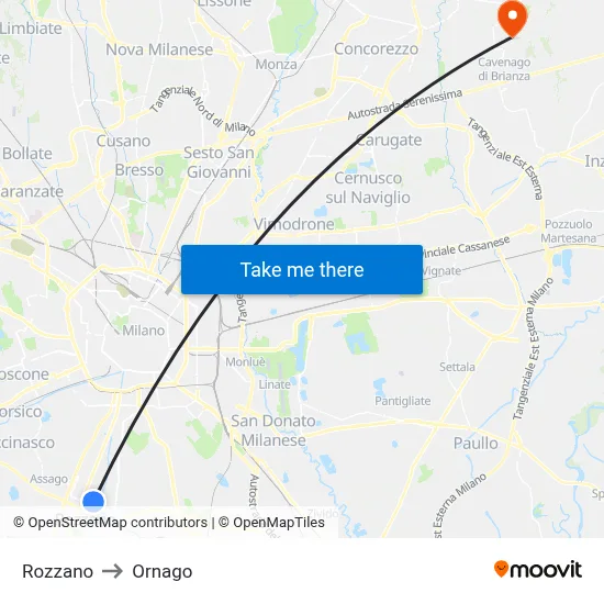 Rozzano to Ornago map