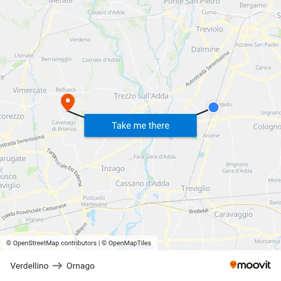 Verdellino to Ornago map