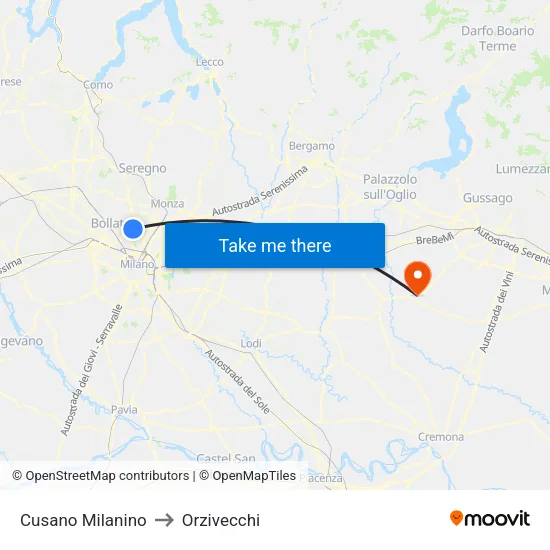 Cusano Milanino to Orzivecchi map