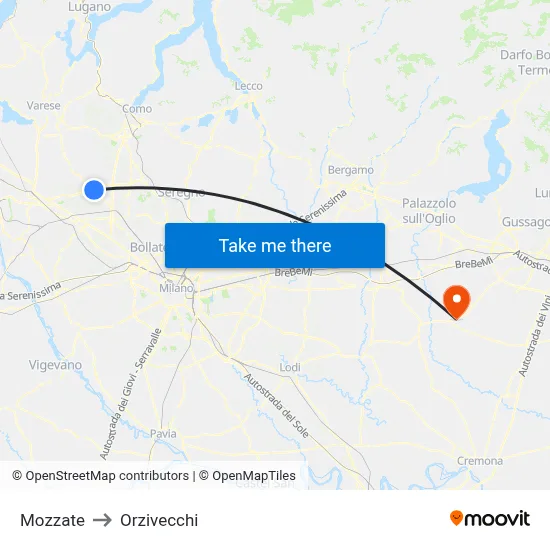 Mozzate to Orzivecchi map