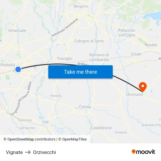 Vignate to Orzivecchi map
