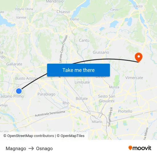 Magnago to Osnago map