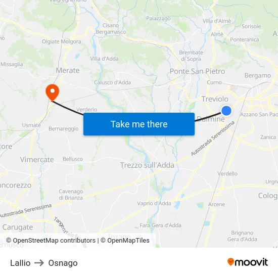 Lallio to Osnago map