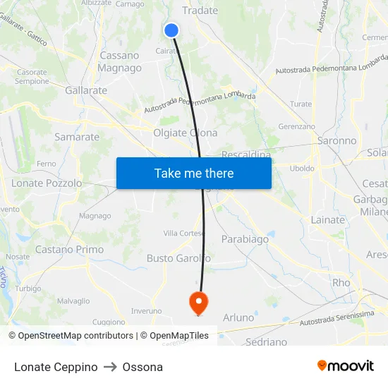 Lonate Ceppino to Ossona map