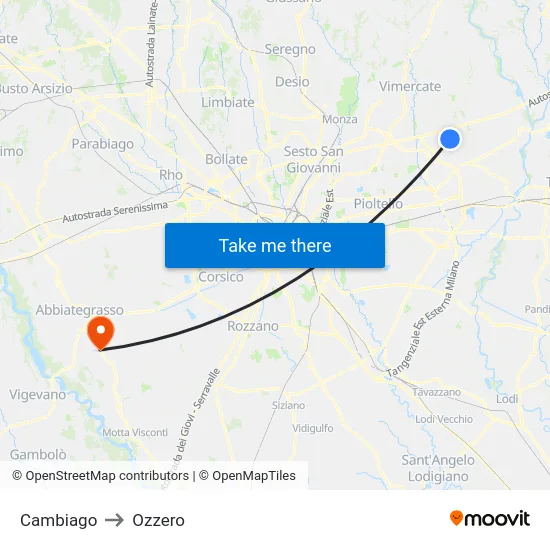 Cambiago to Ozzero map