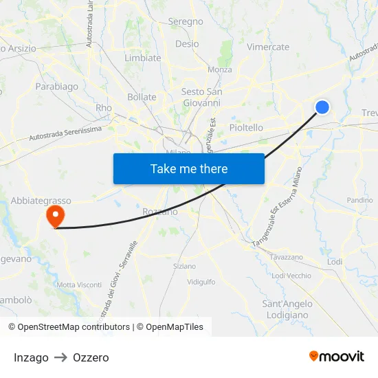 Inzago to Ozzero map