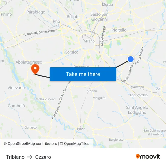 Tribiano to Ozzero map