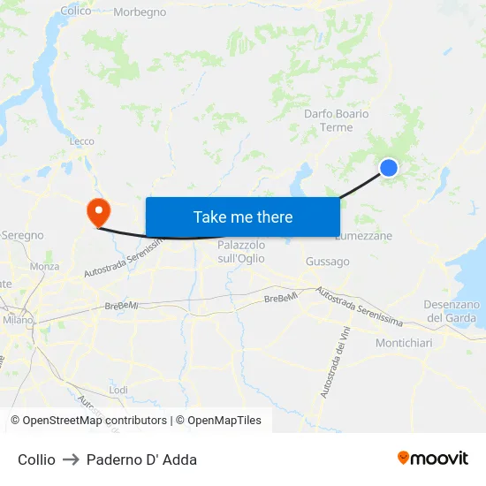 Collio to Paderno D'Adda map