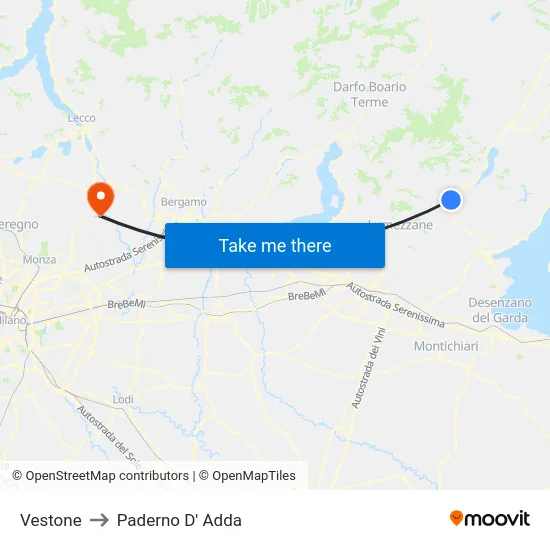 Vestone to Paderno D' Adda map