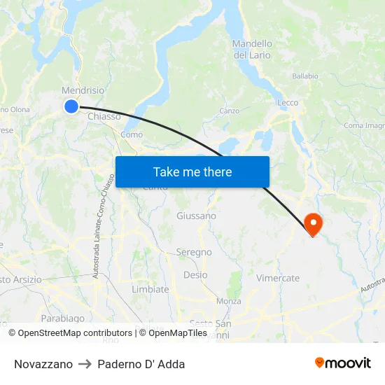 Novazzano to Paderno D' Adda map