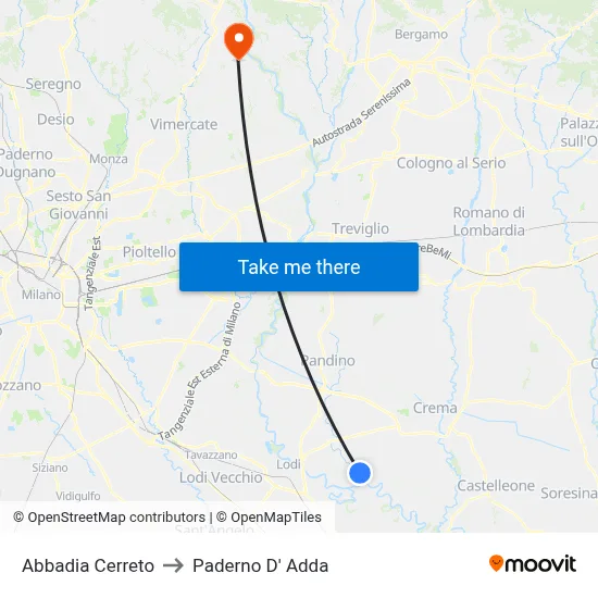 Abbadia Cerreto to Paderno D'Adda map