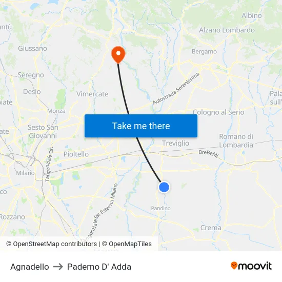Agnadello to Paderno D'Adda map