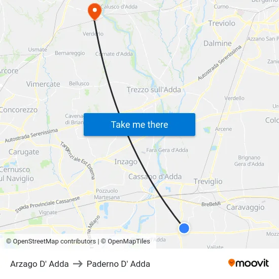 Arzago D' Adda to Paderno D' Adda map