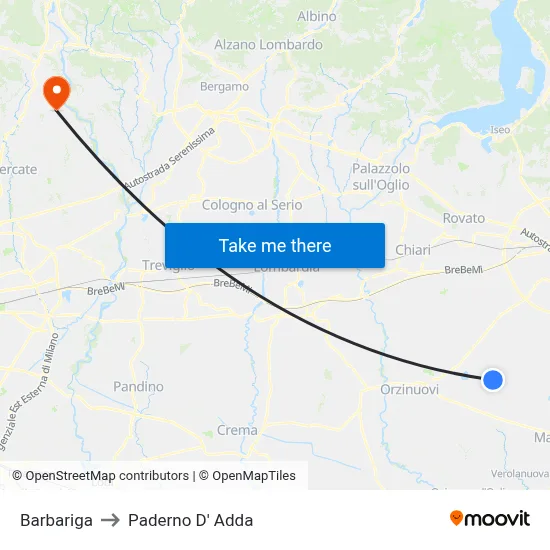Barbariga to Paderno D'Adda map
