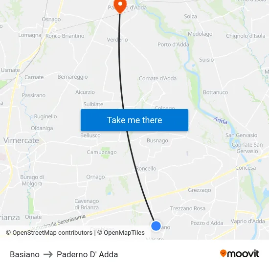 Basiano to Paderno D' Adda map