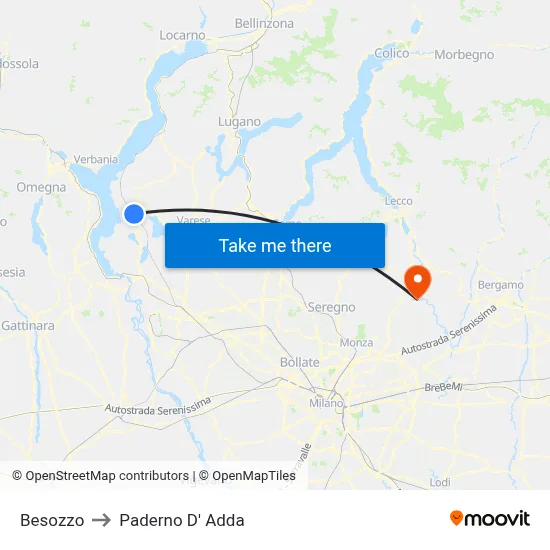 Besozzo to Paderno D' Adda map