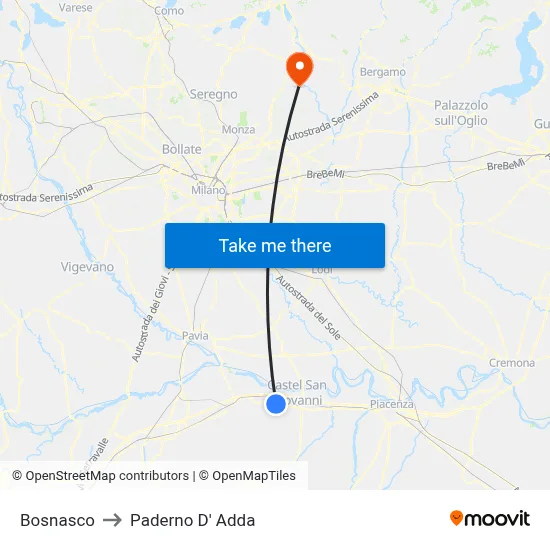 Bosnasco to Paderno D'Adda map