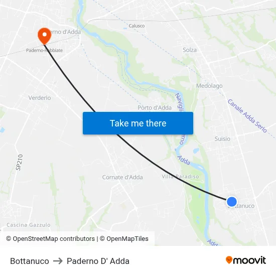 Bottanuco to Paderno D'Adda map