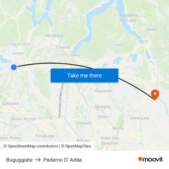 Buguggiate to Paderno D' Adda map