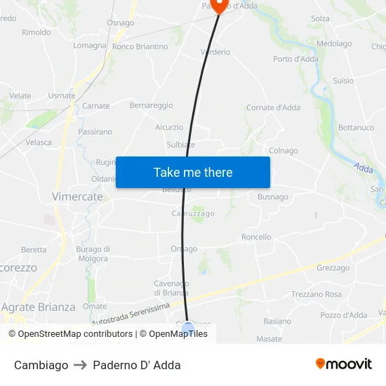 Cambiago to Paderno D' Adda map