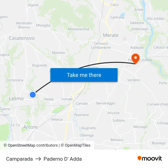 Camparada to Paderno D' Adda map