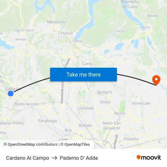Cardano Al Campo to Paderno D' Adda map