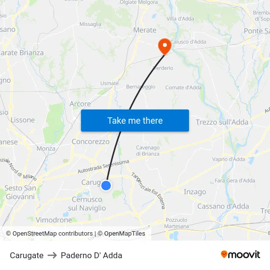 Carugate to Paderno D'Adda map