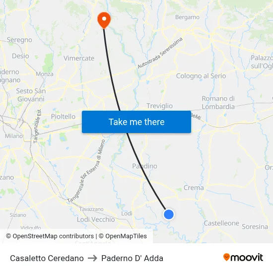 Casaletto Ceredano to Paderno D'Adda map