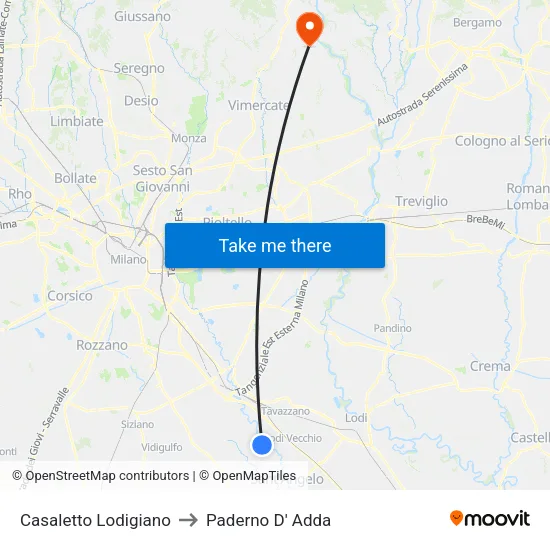 Casaletto Lodigiano to Paderno D' Adda map
