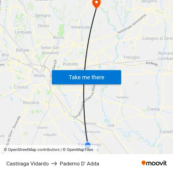 Castiraga Vidardo to Paderno D' Adda map