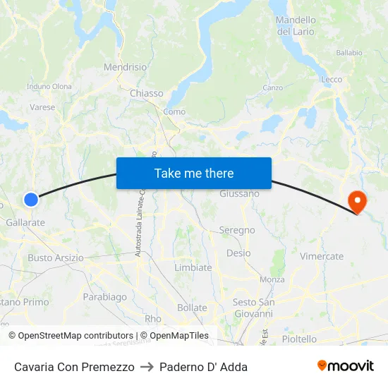 Cavaria Con Premezzo to Paderno D' Adda map