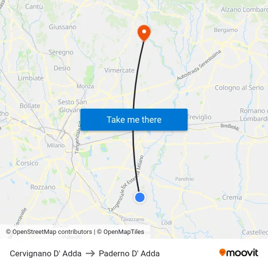 Cervignano D' Adda to Paderno D' Adda map