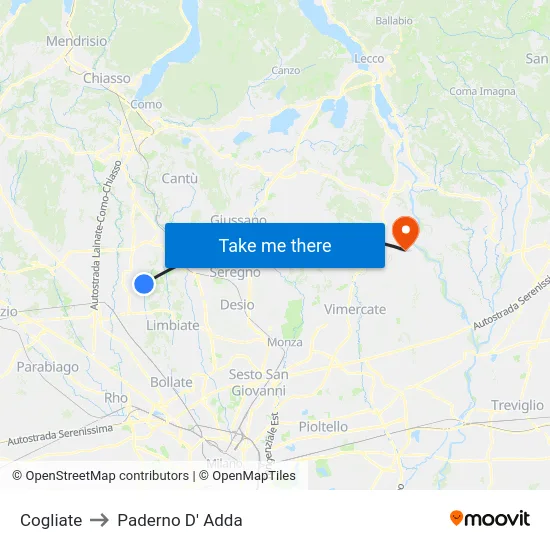 Cogliate to Paderno D'Adda map