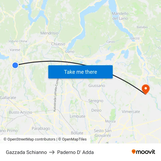Gazzada Schianno to Paderno D'Adda map