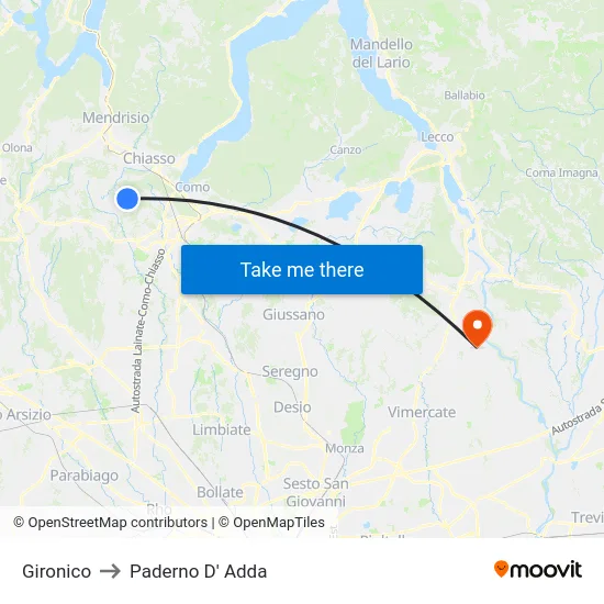 Gironico to Paderno D'Adda map