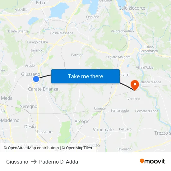 Giussano to Paderno D'Adda map