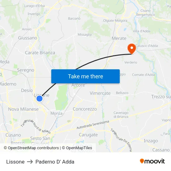Lissone to Paderno D'Adda map