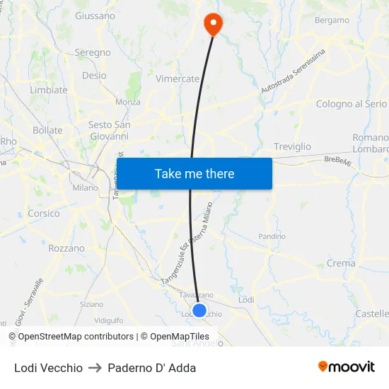 Lodi Vecchio to Paderno D'Adda map