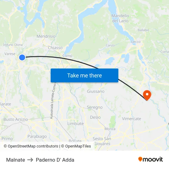 Malnate to Paderno D'Adda map